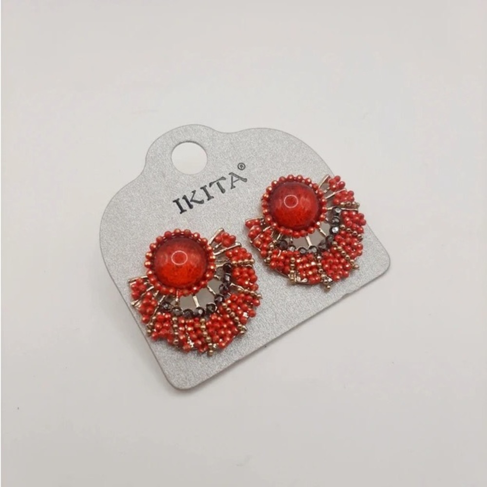 Red Beaded Fan Earrings